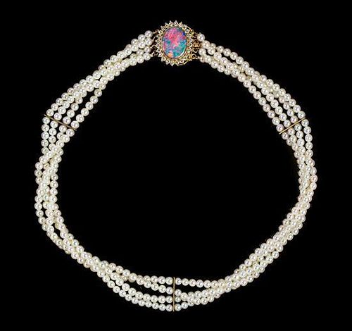 A Yellow Gold, Opal, Diamond and Cultured Pearl Necklace, 16.90 dwts.