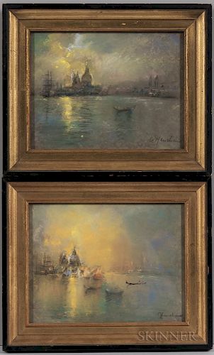 Glenn (Glen) Cooper Henshaw (American, 1880-1946)  Two Venetian Harbor Views: Sunset