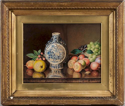 Alexander Stanesby (British, 1832-1916)  Still Life with Fruit and Blue and White Moon Flask