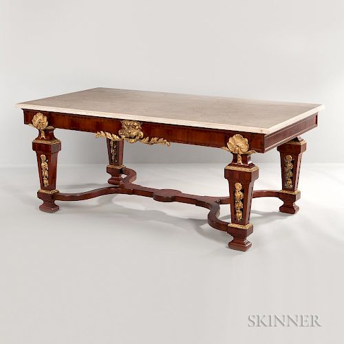 Louis XIV-style Ormolu-mounted, Kingwood and Tulipwood-veneered, Marble-top Center Table