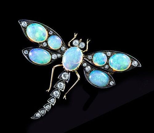 An Antique Silver Topped Gold, Opal and Diamond Dragonfly Brooch, 9.50 dwts.