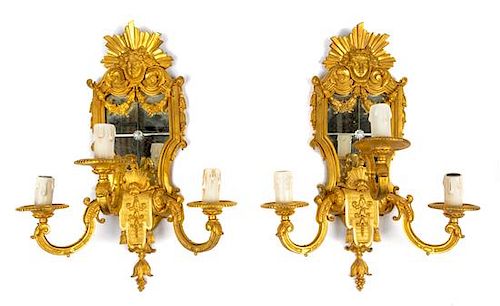 A Pair of Regence Style Gilt Bronze Three-Light Girandole Mirrors Height 22 1/2 inches.