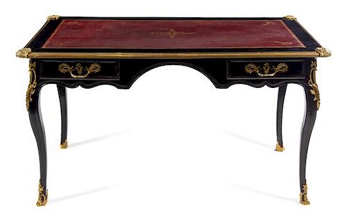 A Louis XV Style Gilt Bronze Mounted Lacquered Bureau Plat Height 29 x width 53 x depth 29 1/2 inches.