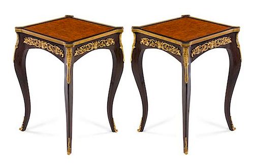 A Pair of Louis XV Style Gilt Bronze Mounted Tables Height 28 3/4 x width 20 1/2 x depth 20 1/2 inches.