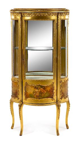 * A Louis XV Style Giltwood and Vernis Martin Vitrine Cabinet Height 55 1/4 x width 26 1/4 x depth 13 1/2 inches.