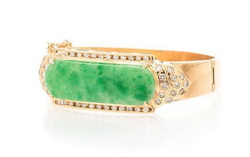 An 18 Karat Yellow Gold, Jade and Diamond Bangle Bracelet, 19.40 dwts.