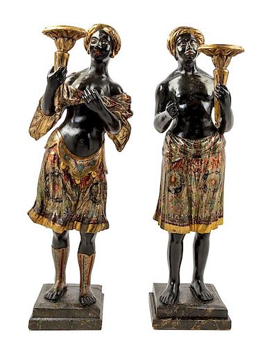 A Pair of Venetian Polychrome and Parcel Gilt Figural Torcheres Height 38 1/4 inches.