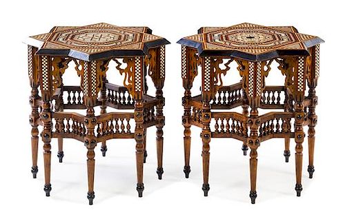 A Pair of Middle Eastern Mother-of-Pearl Inlaid Side Tables Height 24 1/8 x width 23 3/4 x depth 23 3/4 inches.