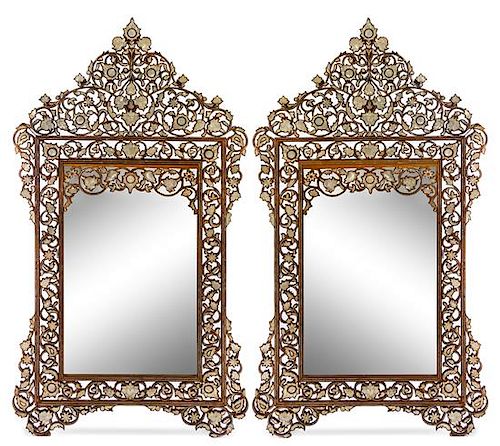 A Pair of Syrian Mother-of-Pearl Inlaid Mirrors Height 69 1/8 x width 39 inches.