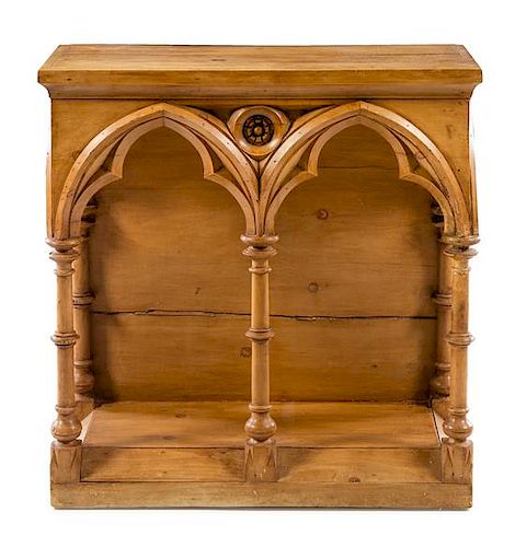 A Gothic Style Pine Console Table Height 33 x width 31 7/8 x depth 14 1/2 inches.