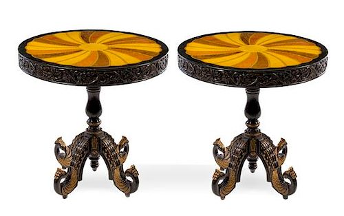 A Pair of Parquetry and Parcel Gilt Occasional Tables Height 30 1/2 x diameter of top 30 inches.