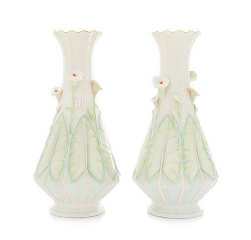 * A Pair of Belleek Calla Lillies Vases Height 12 3/4 inches.