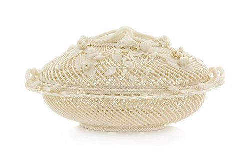 * A Belleek Four Stand Covered Basket Width 12 1/2 inches.