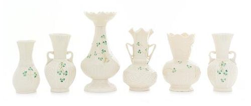 * Six Belleek Shamrock Decorated Vases Height of tallest 8 1/4 inches.