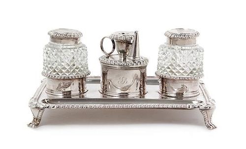 A George III Silver Standish, John Roberts & Co., Sheffield, 1813 and Others, the rectangular tray having a gadroon rim and fitt