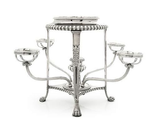 A George III Silver-Plate Epergne, Sheffield, Late 18th Century, with five cut glass bowls.