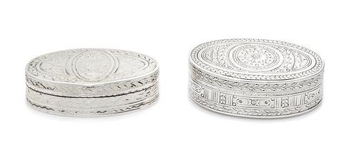 Two French Ancien Regime Silver Snuff Boxes, Maker's Marks Obscured, 18th Century, each of oval form, worked to show geometric a
