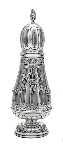 A French Silver Muffineer, Ernest Eschwege, Paris, Late 19th/Early 20th Century, having a flame finial above the fluted body wit