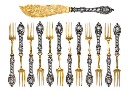 A German Silver and Parcel Gilt Fish Service, Theodor Julius Gunther, Berlin, 19th Century, comprising twelve fish forks and one
