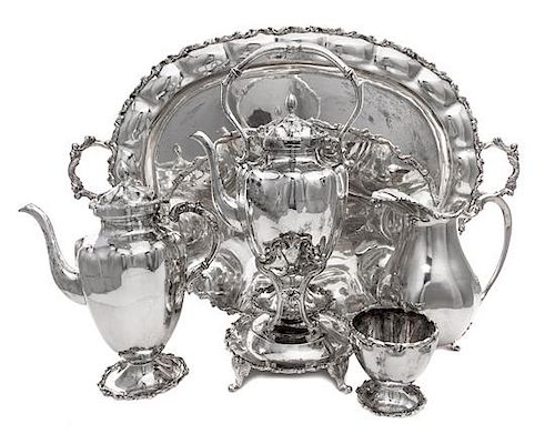* A Mexican Silver Five-Piece Coffee Service, Plata Villa, Mexico City, 20th Century, comprising a water kettle on stand, coffee