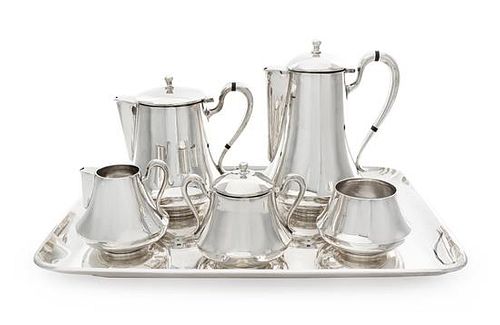 A Mexican Silver Six-Piece Tea and Coffee Service, Sanborns, Mexico City, First Half 20th Century, comprising a coffee pot, teap