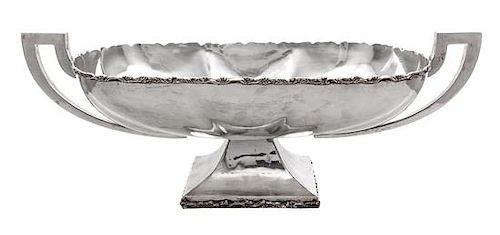 * A Mexican Silver Center Bowl, Plata Villa, Mexico City, 20th Century, the twin-handled body of elongated oval form, raised on