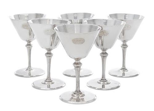 A Set of Six American Silver Cordial Stems, Tiffany & Co., New York, NY, Circa 1925, each having a conical cup with an engraved