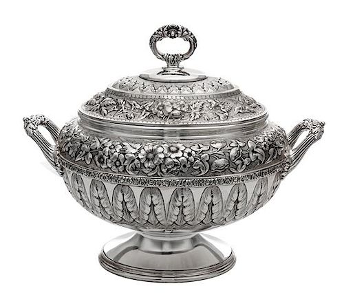 An American Silver-Plate Tureen, Tiffany & Co., New York, NY, Early 20th Century, the lid and body with bands of repousse floral