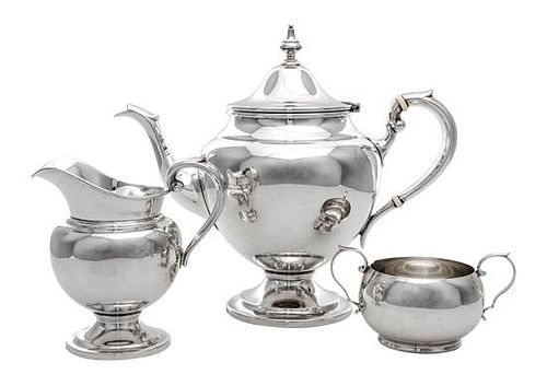 An American Silver Three-Piece Tea Service, Gorham Mfg. Co., Providence, RI, Puritan pattern, comprising a teapot, creamer and s