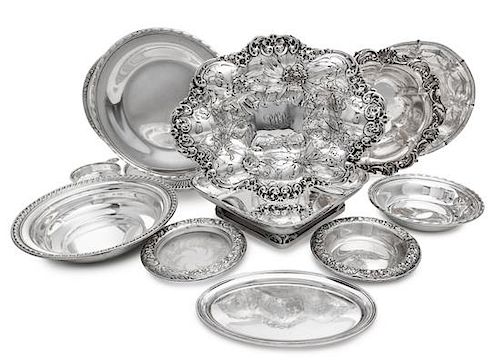 A Collection of American Silver Serving Articles, Various Makers, comprising a dish having repousse floral and foliate scroll de