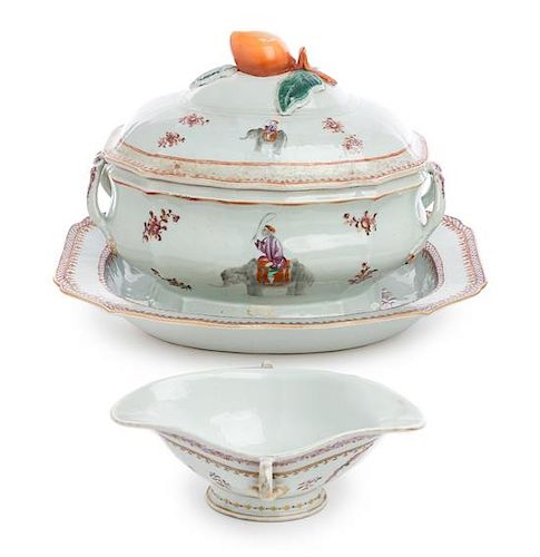 A Chinese Export Porcelain Covered Soup Tureen and Sauce Boat Width of underplate 14 3/4 inches.