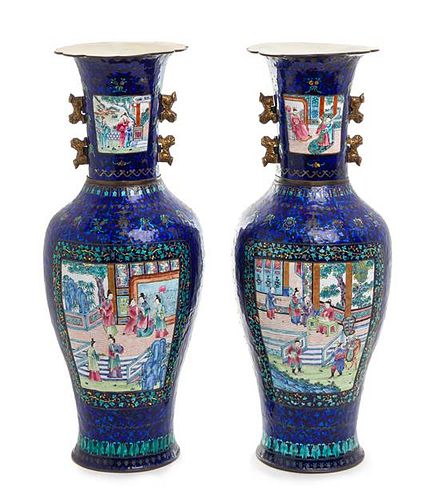 * A Pair of Large Canton Export Enamel Vases Height 18 inches.