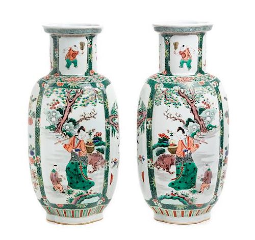 A Pair of Chinese Famille Verte Porcelain Vases Height 16 1/2 inches.