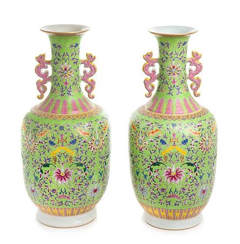 A Pair of Chinese Enameled Porcelain Vases Height 15 3/4 inches.