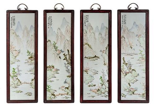 A Set of Four Chinese Porcelain Plaques 28 7/8 x width 8 1/4 inches.