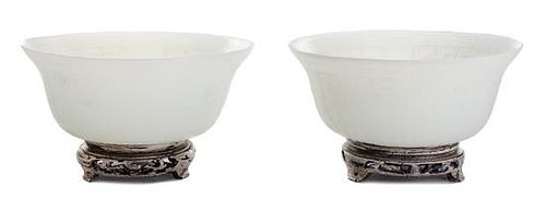 A Pair of Carved White Peking Glass Bowls Diameter 9 inches.