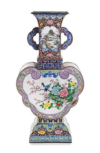 A Chinese Canton Enamel on Copper Vase Height 20 inches.