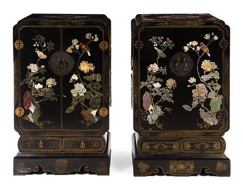 A Pair of Chinese Stone Inset Lacquered Cabinets Height 42 x width 26 x depth 16 inches.