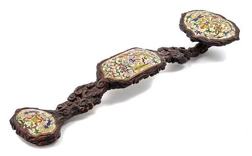 * A Chinese Cloisonne Inset Carved Hardwood Ruyi Scepter Length 22 1/2 inches.