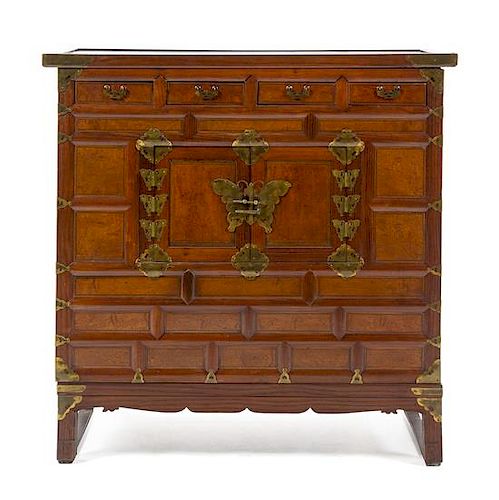 A Korean Brass Mounted Elmwood Cabinet Height 37 3/4 x width 38 x depth 17 3/4 inches.
