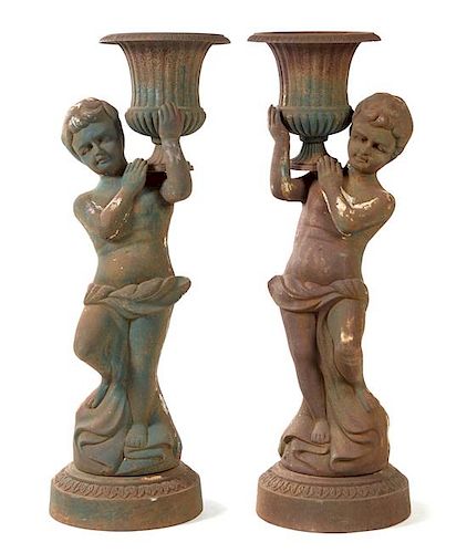 A Pair of Victorian Style Cast Iron Figural Jardinieres Height 52 inches.
