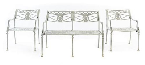 A Suite of Painted Metal Patio Furniture Height of bench 31 x width 42 3/4 x depth 21 inches.