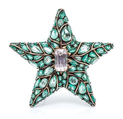 A Gold, Emerald, Green Beryl and Kunzite Star Pendant/Brooch, Marilyn Cooperman, 57.40 dwts.