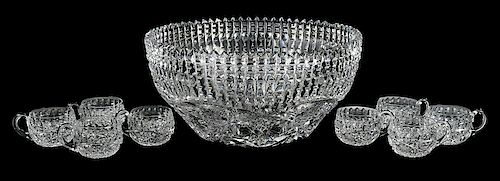 Libbey Brilliant Period Cut Glass Punch Bowl, Cups