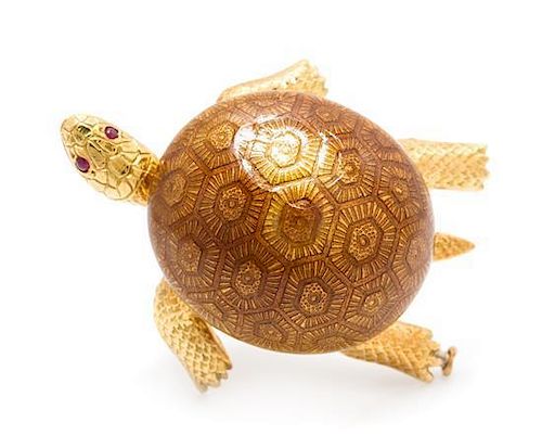 An 18 Karat Yellow Gold, Enamel and Ruby Turtle Brooch, Boucheron, 15.30 dwts.