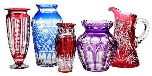 Four Cut Glass Vases/Pitcher