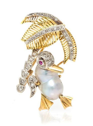 A Vintage Yellow Gold, Platinum, Diamond, Cultured Pearl and Ruby Duck Brooch, 7.40 dwts.