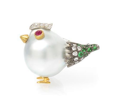 An 18 Karat Gold, Baroque Cultured Pearl, Diamond, Ruby and Tsavorite Garnet Bird Pin, 6.60 dwts.