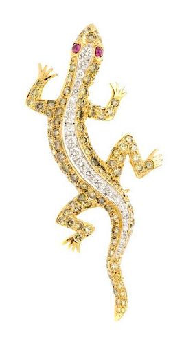 An 18 Karat Yellow Gold, Diamond, Colored Diamond and Ruby Lizard Brooch, 5.20 dwts.