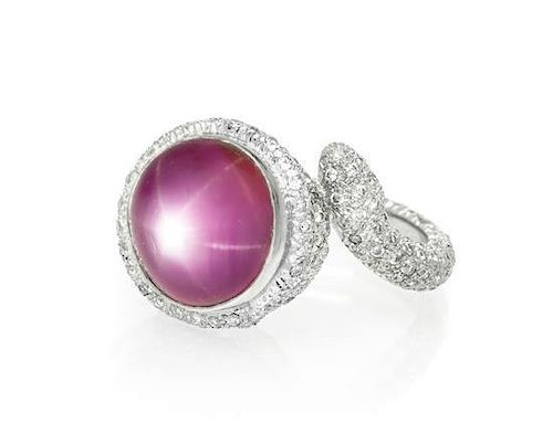 A Platinum, Pink Star Sapphire, and Diamond Ring, 7.90 dwts.